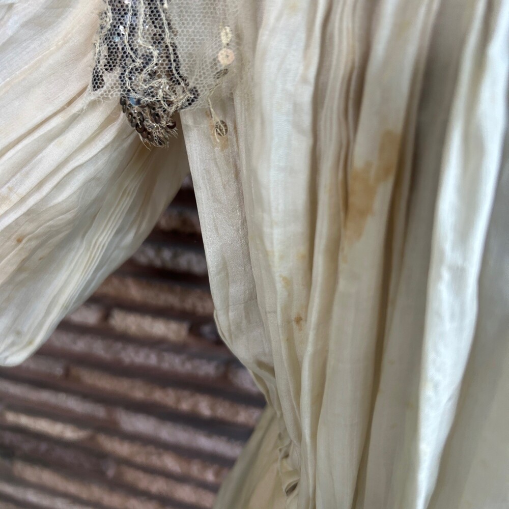 Antique Victorian Ivory Dress Mesh Lace Sequins Distressed Damaged As Is - Picture 12 of 16